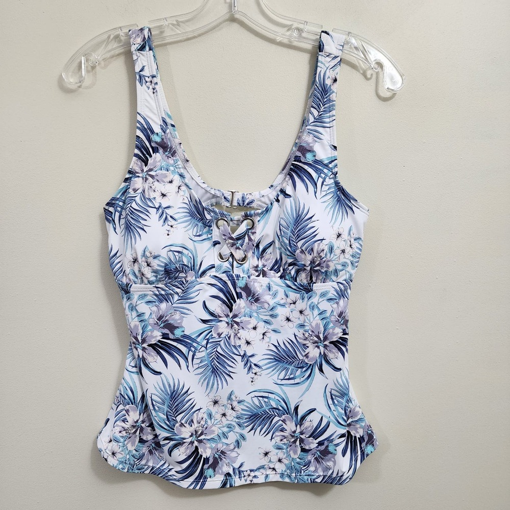 Wave Zone NWT bralette tankini shiny silver floral‎ & palm print woman's size L